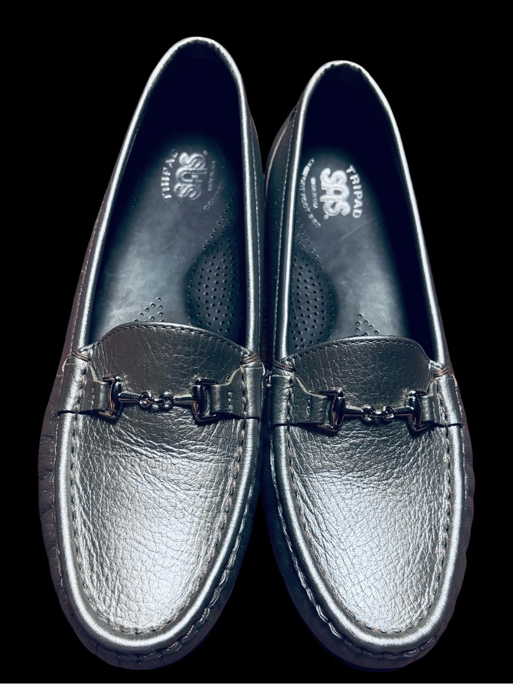 SAS Metallic Silver Leather Slip-On Loafers with Bit Detail